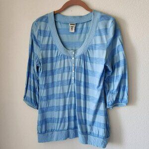 Vintage Blue Striped Henley Top Lightweight 3/4 Sleeve Sz M Coastal Nautical Y2k